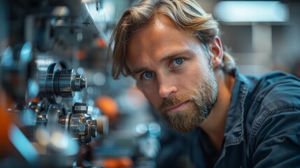 Fototapeta premium An engineer meticulously assembling parts of a sophisticated weapon system in a high-tech facility.