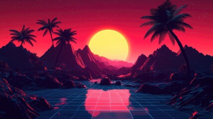 Naklejka premium AI generation. Night and sunset neon colors, cyberpunk vintage illustration. Sun, mountains and palm trees, retro futuristic sci-fi.