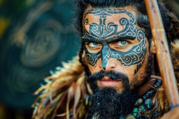 Obraz premium The warrior showcases elaborate facial tattoos, fierce expressions, and traditional garb, evoking a sense of cultural pride and heritage.