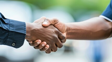 Two people engage in a handshake, symbolizing agreement and camaraderie in a lively outdoor environment
