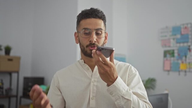 Hispanic man in an office setting using a smartphone for voice commands while standing by a desk with books and folders, engaged in work.