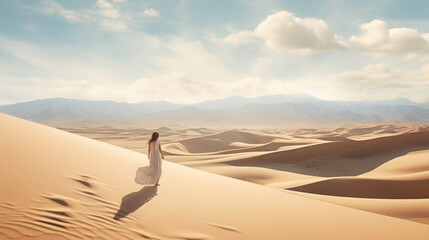 Solitude in the Sand: A woman in white traverses the majestic dunes of a sun-drenched desert, embracing the vastness and serenity of nature. 