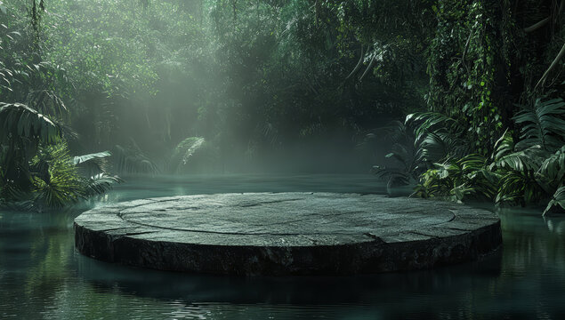 3D product platform pedestal flat Rock podium stone forest background. Round stone platform floating on water in the jungle