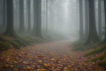 Obraz premium Beautiful nature walking trail or road in a forest surrounded by plants and trees on an Autumn or Spring day. Woods in the countryside with green grassy fields leading to a villa building in France