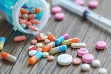 A vibrant mix of colorful medications and a syringe lie scattered, highlighting the daily challenges of managing diabetes.