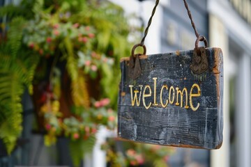 A rustic welcome sign hangs in a lively setting filled with lush plants, creating a warm atmosphere for new team members.
