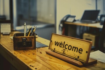 New employees are greeted at a desk adorned with a warm welcome sign, capturing the vibrant spirit of onboarding.
