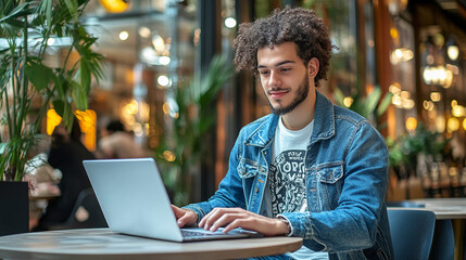 Trendy man in a denim jacket and graphic tee working from a chic co-working space with a laptop.