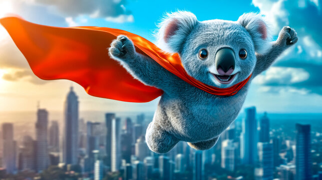 Superhero koala flying over city skyline wearing red cape