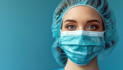 Female doctor wearing protective mask posing on blue background