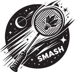 Jump Smash Badminton Vintage Minimalist Racket And Shuttlecock logo vector Black Silhouette