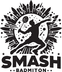 Jump Smash Badminton Vintage Minimalist Racket And Shuttlecock logo vector Black Silhouette