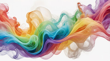  Vector art of bright and soft rainbow smoke waves, gracefully flowing on a crisp white backdrop.