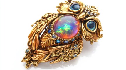 Generative AI, beautiful colorful owl brooch, opal stone and isolated on white background. Bijouterie, jewelry close.