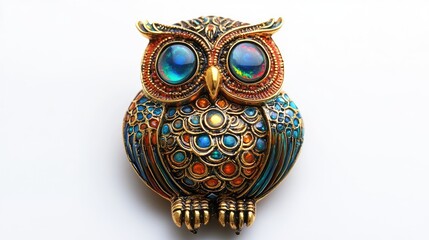 Generative AI, beautiful colorful owl brooch, opal stone and isolated on white background. Bijouterie, jewelry close.