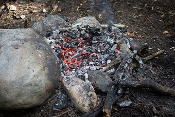 Coals in the fire. Hot coals. Details of a campfire in the woods.