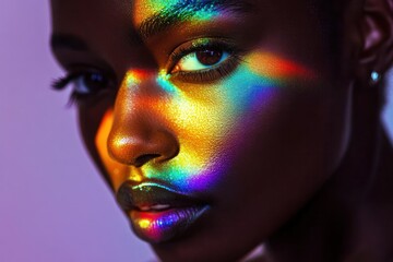 African Model Face With Colorful Rainbow Lights