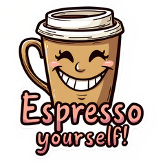 funny coffee sticker with text on transparent background