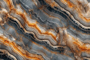 Obraz premium A stunning close-up view of layered marble with striking orange, gray, and white veining. 
