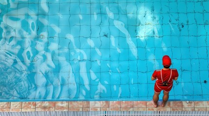 A lifeguard stands vigil by a clear blue pool, ensuring safety for all swimmers nearby
