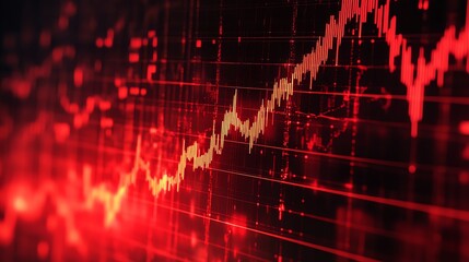 Dynamic red stock market graph analysis showing upward and downward trends with a futuristic design. Ideal for financial and business concepts.