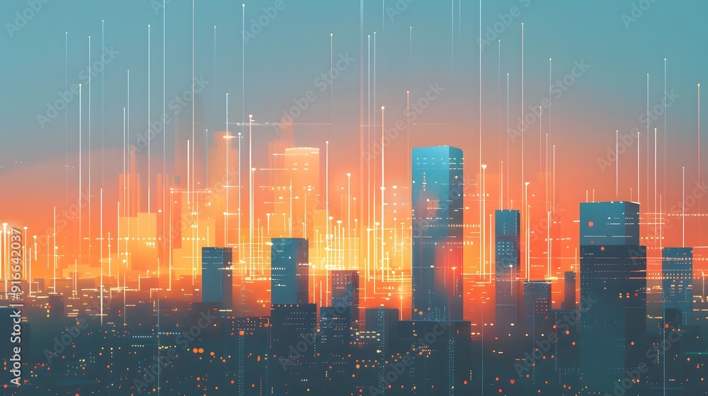Poster time-of-use pricing illustrated by a cityscape with dynamic lighting that changes throughout the day