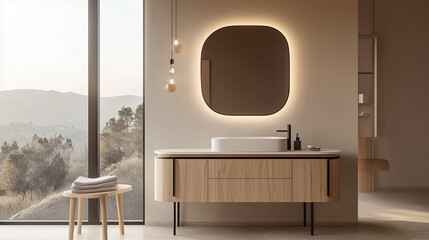Elegant minimalist wooden bathroom cabinet with an oval mirror above, set against a beige wall and concrete floor. The front view showcases a modern minimalist interior design with natural light strea