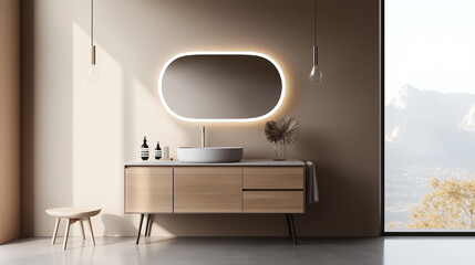 Elegant minimalist wooden bathroom cabinet with an oval mirror above, set against a beige wall and concrete floor. The front view showcases a modern minimalist interior design with natural light strea