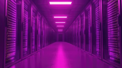 Fototapeta premium Data Center, modern hi-tech server room in purple neon colors. Ai generation