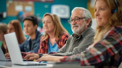 Obraz premium Seniors studying in classroom with laptops. Education for all ages.