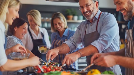 A group of elderly people cooking together, smiling and laughing happily in the kitchen.
