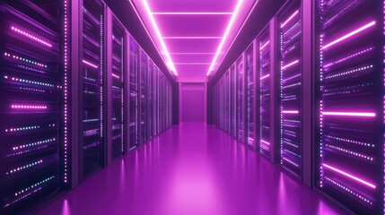 Fototapeta premium Data Center, modern hi-tech server room in purple neon colors. Ai generation