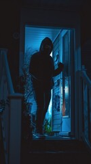 Fototapeta premium A shadowy figure stands at a brightly lit doorway late at night