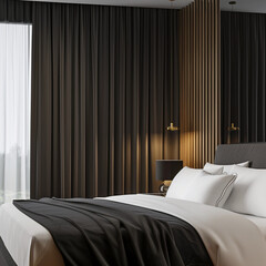 Capturing the unique blend of functionality and style in a hotel bedroom adorned with blackout curtains and minimalist scandinavian furniture. 