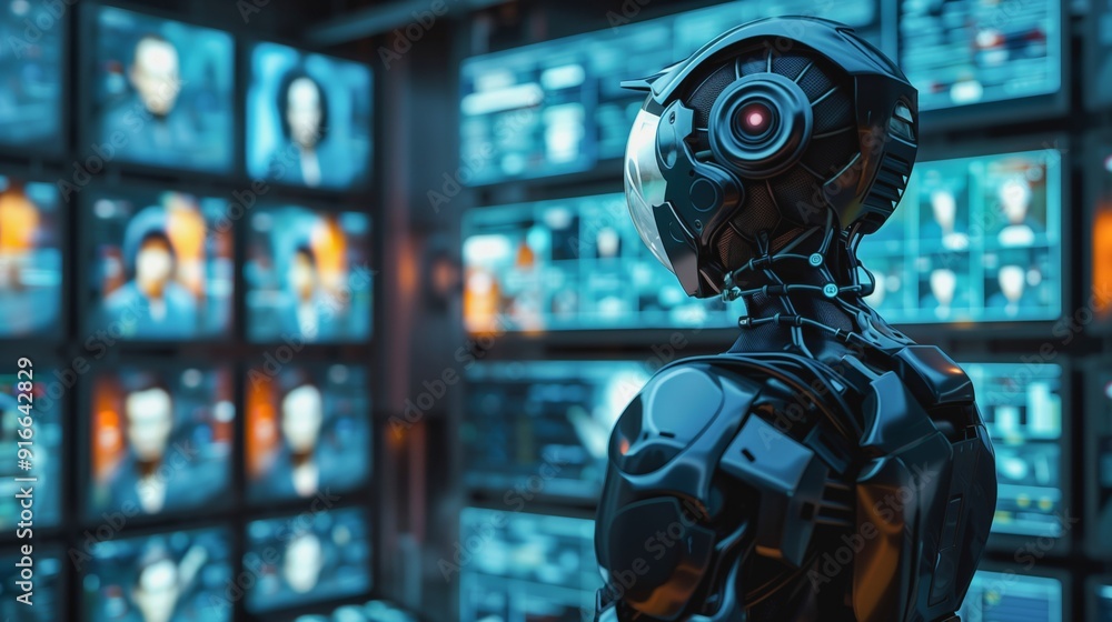 Poster control room with robot surveillance screens for better security and efficiency