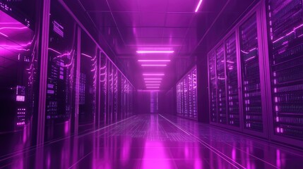 Fototapeta premium Data Center, modern hi-tech server room in purple neon colors. Ai generation