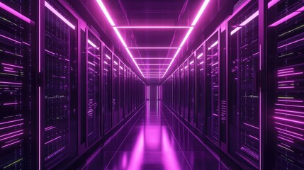 Fototapeta premium Data Center, modern hi-tech server room in purple neon colors. Ai generation
