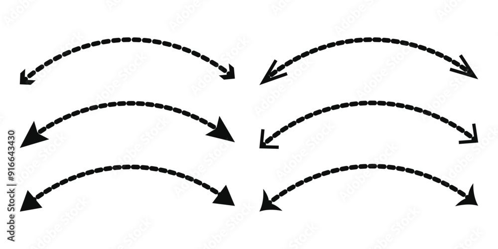 Poster black dotted arrows set. wavy and curved dashed arrow collection. doodle sketched thin pointers and 