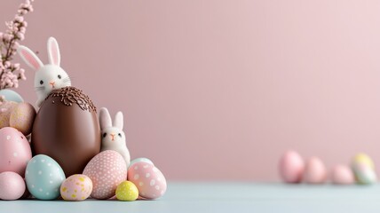 Fototapeta premium Chocolate Easter egg surrounded by colorful Easter decorations, representing traditions.