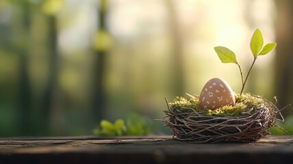 Chocolate Easter egg nestled in a bird's nest with sunlight filtering through leaves.
