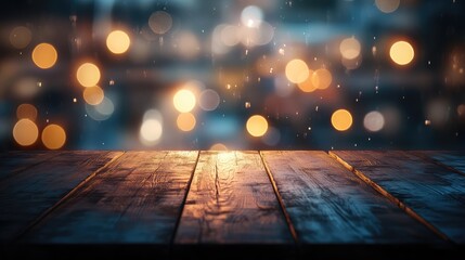 Generative AI, empty wooden tabletop with blurred lights bokeh background.
