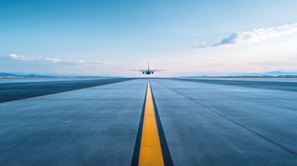 Fototapeta premium Lone airplane gangway on tarmac, contrasting with vast runway.