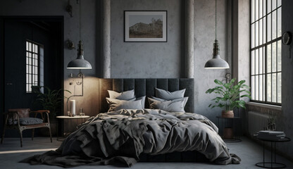 Beautiful Industrial style bedroom with raw concrete walls