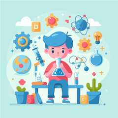 Little scientist wearing coat and doing research in laboratory. flat illustration