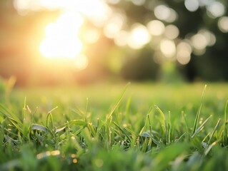 The setting sun's warm light on fresh green grass creates a vibrant, tranquil scene in nature, perfect for conveying warmth and growth outdoors