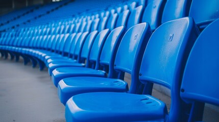 Blue seats on the grandstand of the football stadium.