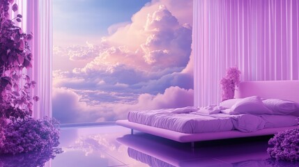Fantasy purple lounge with generative AI, dreamy bed and beautiful view with clouds. Bedroom in calm lavender and purple colors.