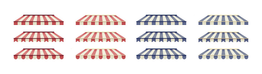 Set of striped awning for cafe. Striped shop canopy. Store or cafe sunshade awning.