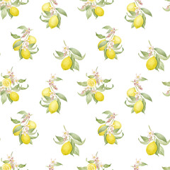 Seamless watercolor pattern with lemons and flowers
