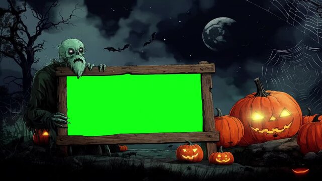 Spooky Halloween Scene with Jack-O'-Lanterns pumpkin and Wooden green screen, Halloween pumpkin decoration in the night, video frame green screen, animation background